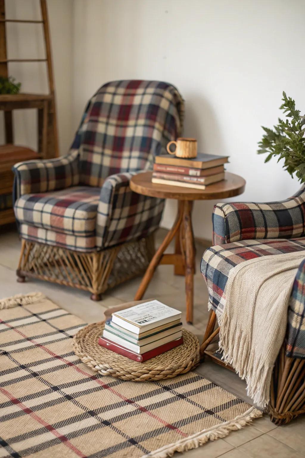 Cozy cottage with plaid chairs and homely touches.