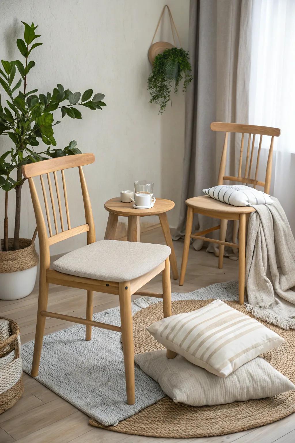 Scandinavian simplicity with light wood and cozy textures.