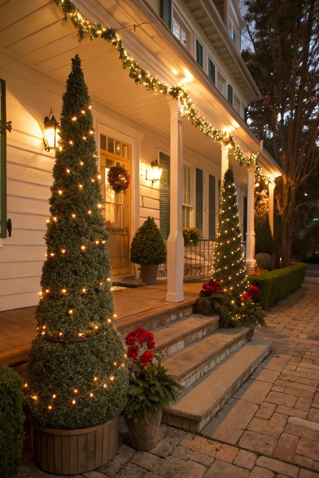 Topiary trees offer a refined, structured look.