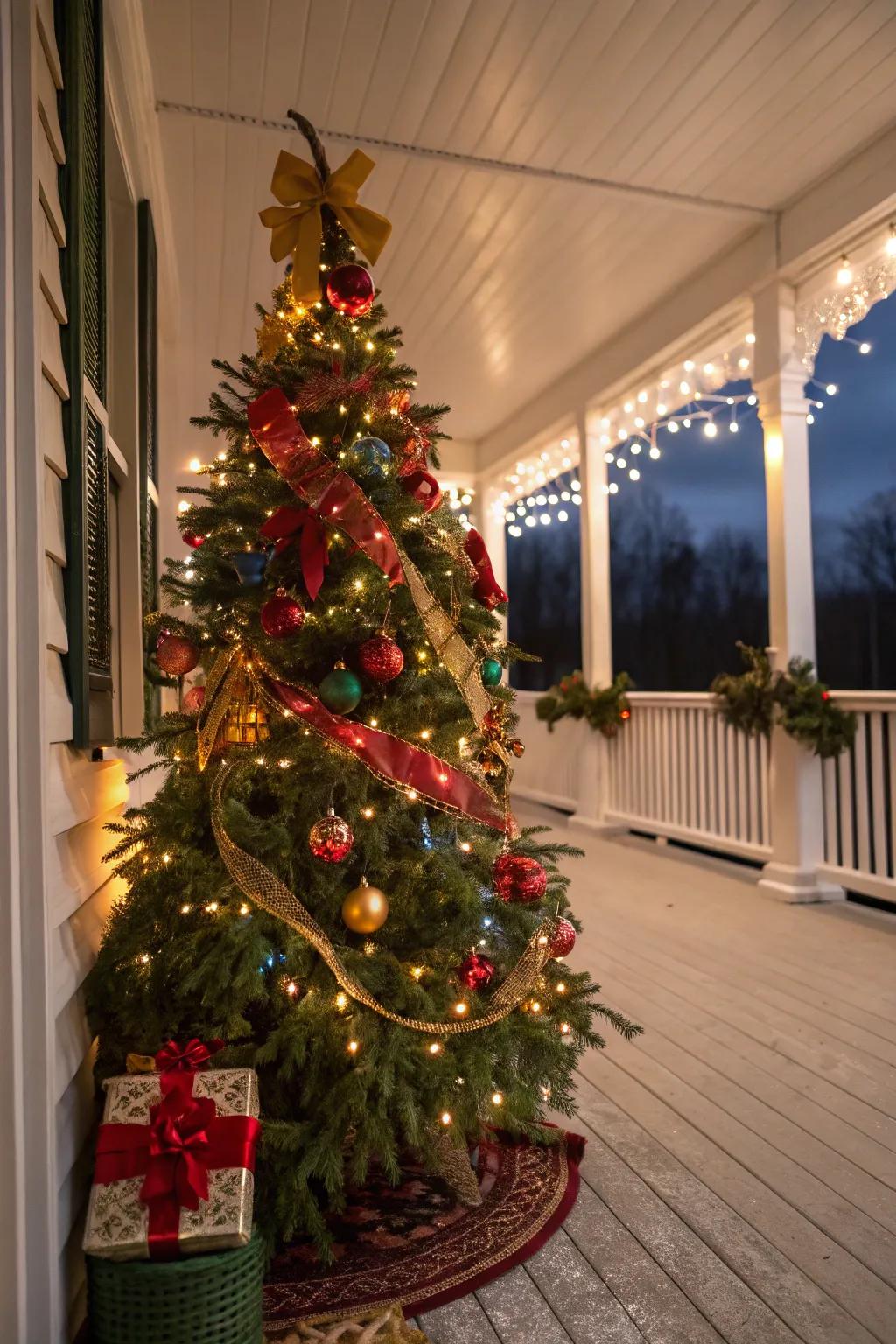 Ornaments add a splash of color and personality to porch trees.