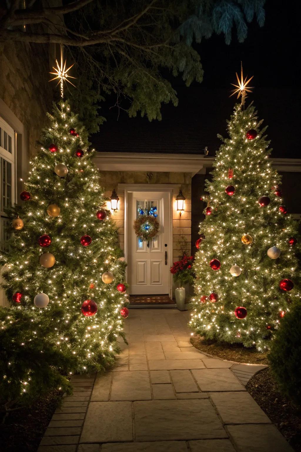 Symmetry is key with Christmas trees framing the entrance.