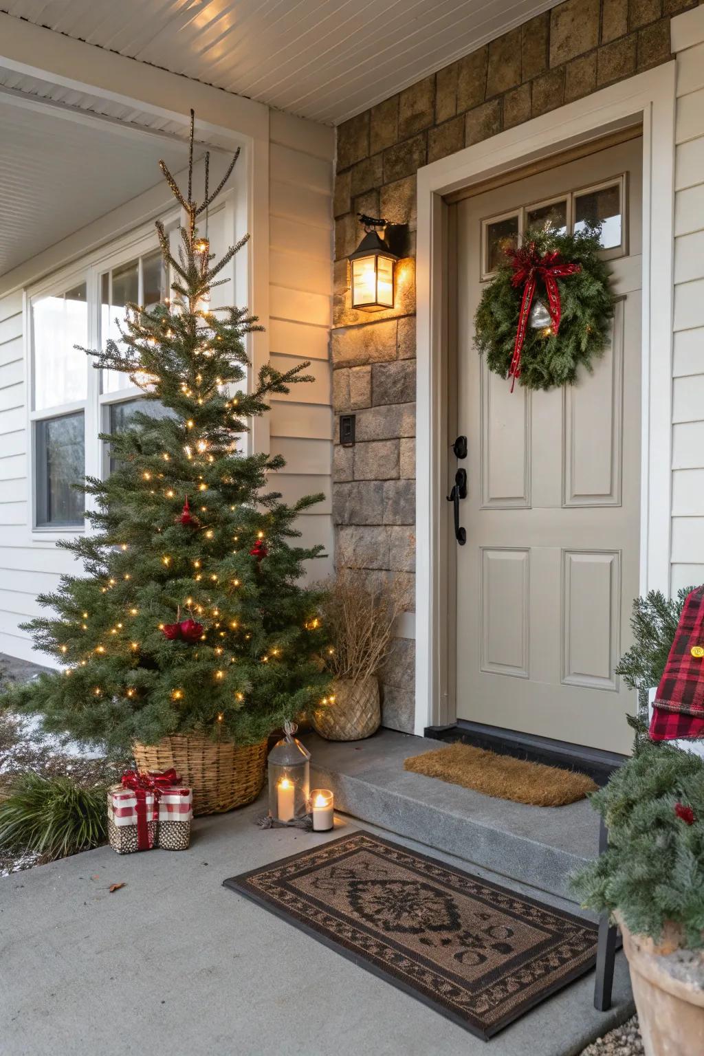 Cozy additions like doormats welcome guests with holiday cheer.