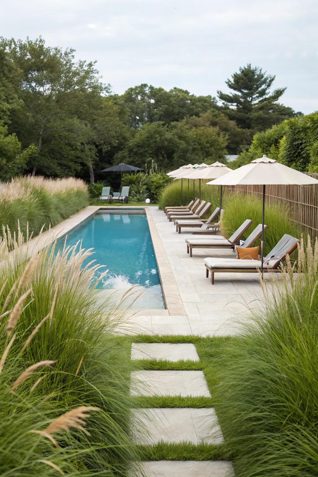 A tall grass fence offering privacy around a luxurious poolside.