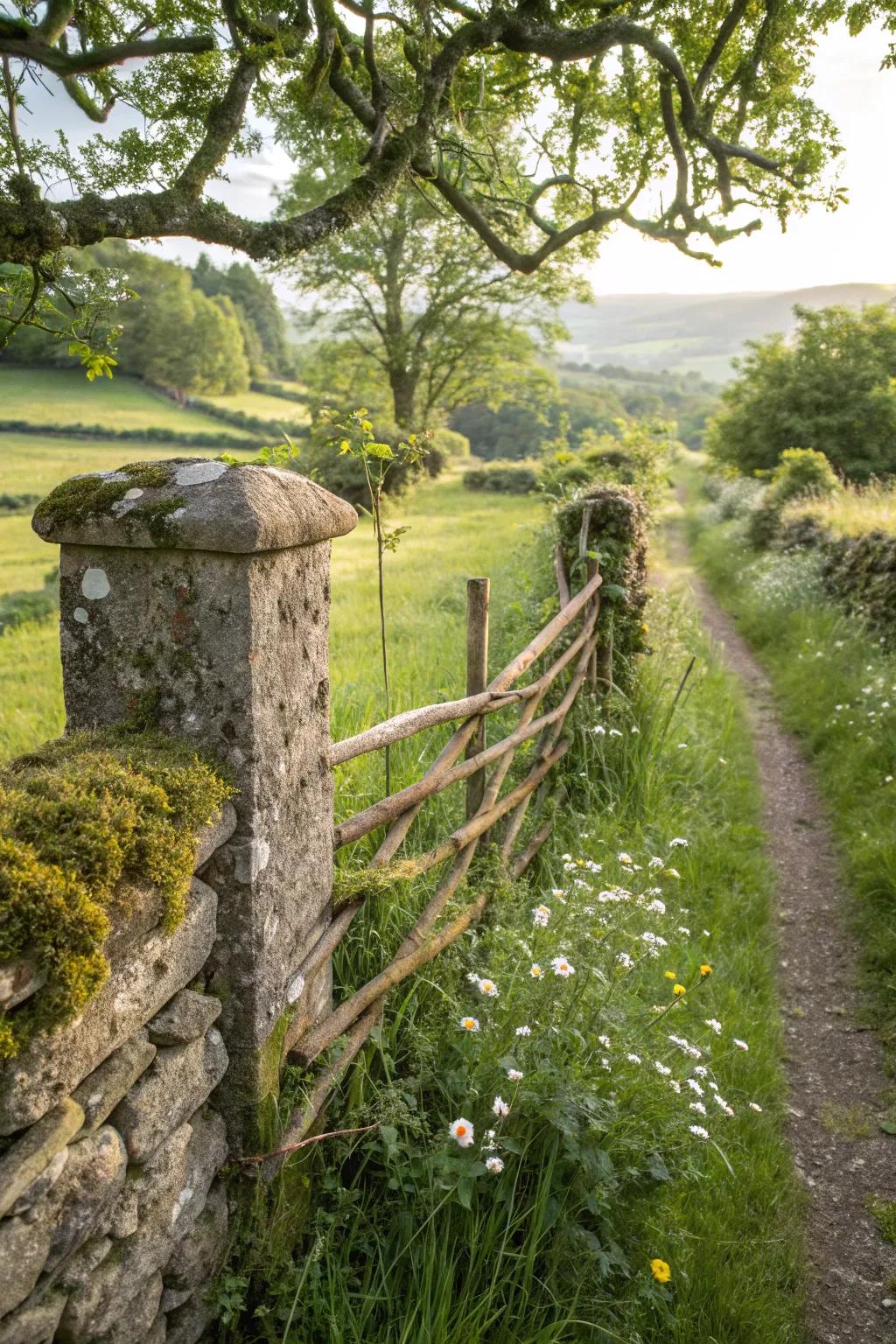 A rustic fence combining stone and grass for a countryside garden.