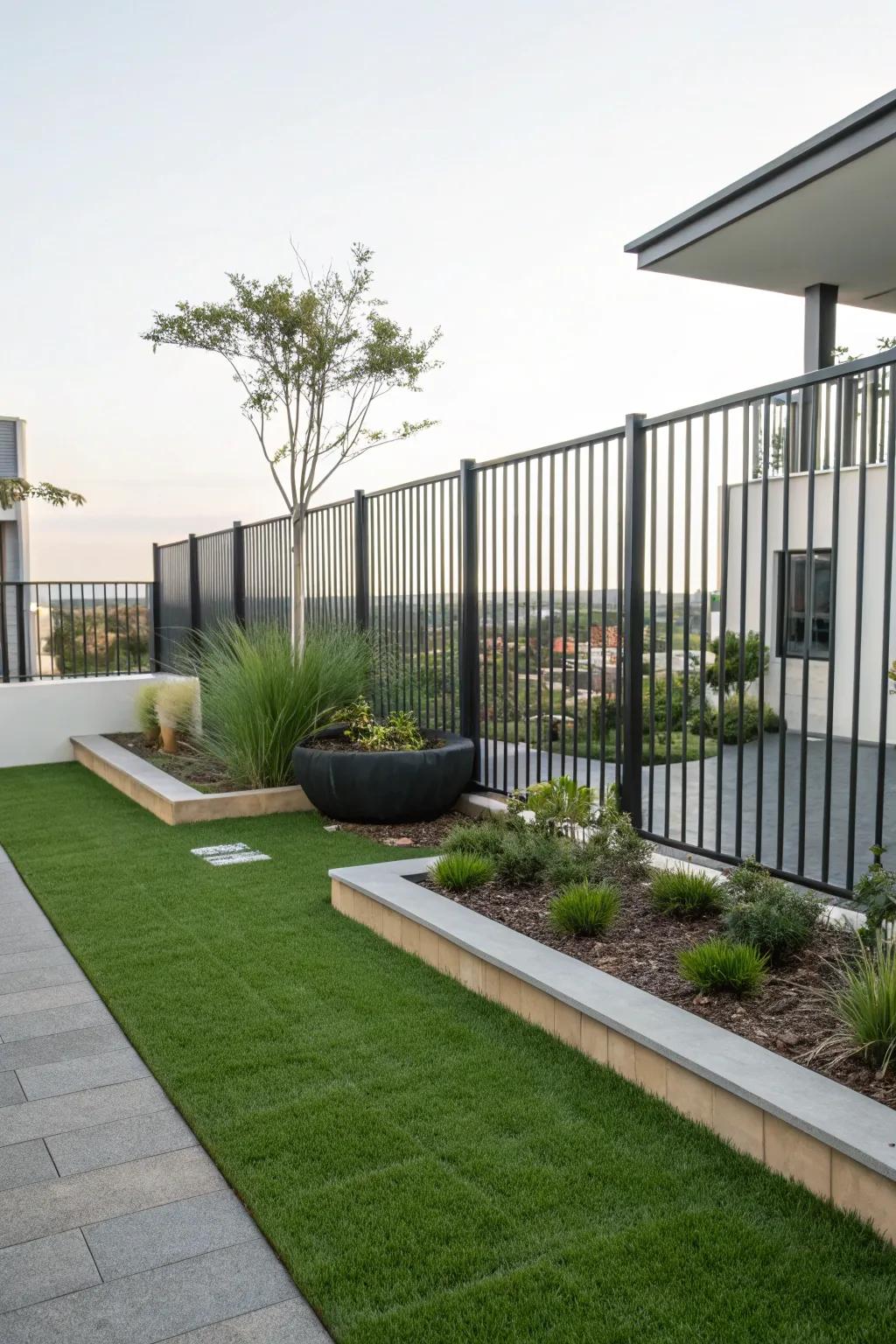 A modern fence combining lush grass and sleek metal elements.