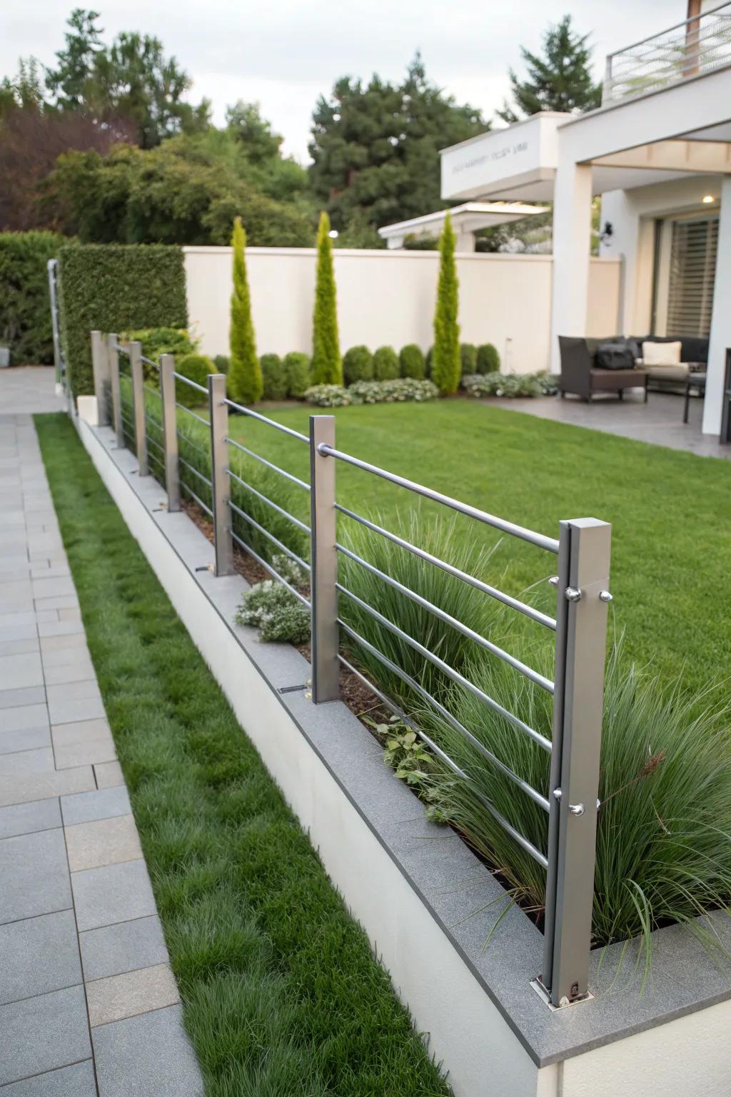 A minimalist grass fence blending metal and grass for a modern garden.