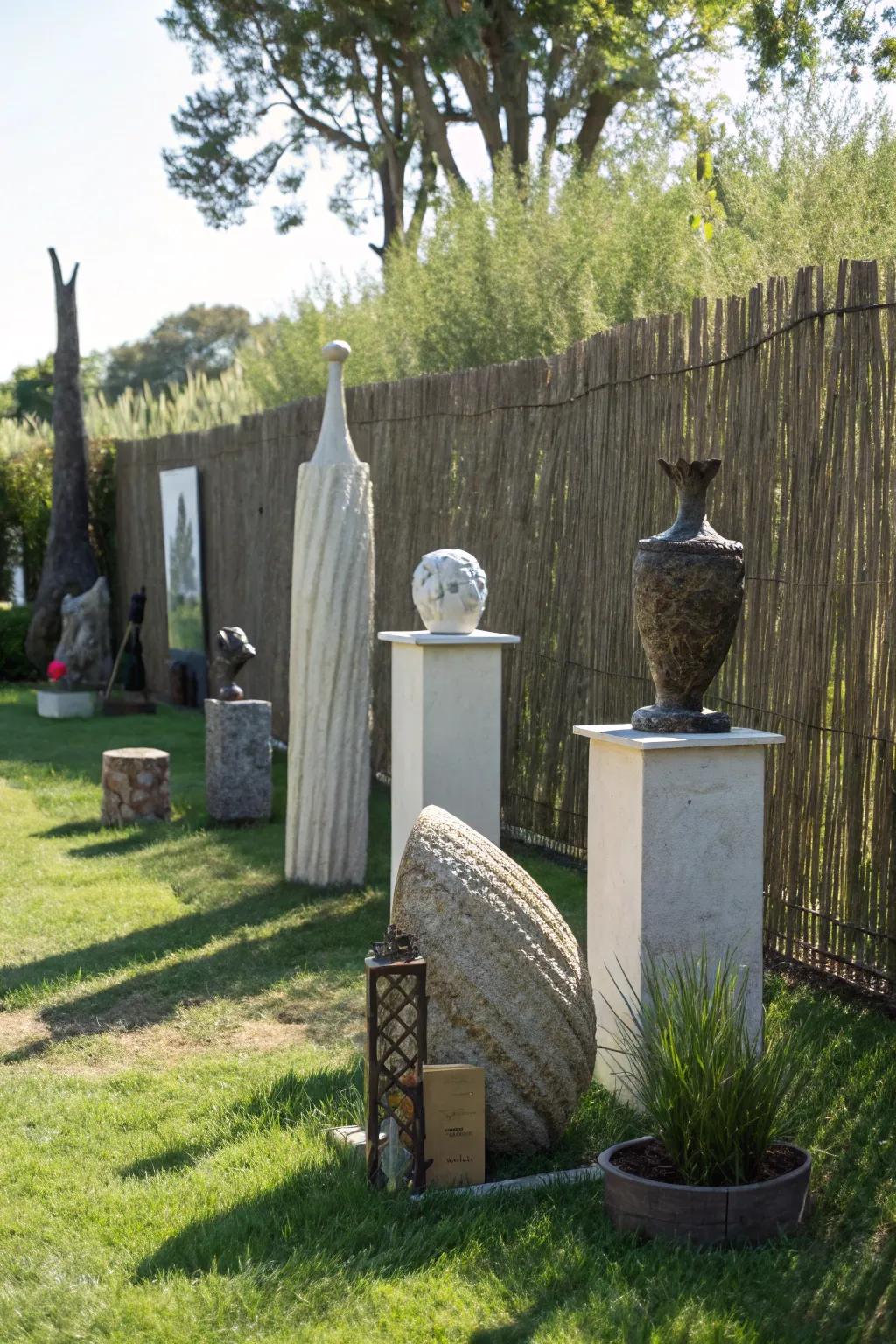 A grass fence highlighting outdoor sculptures in a garden.