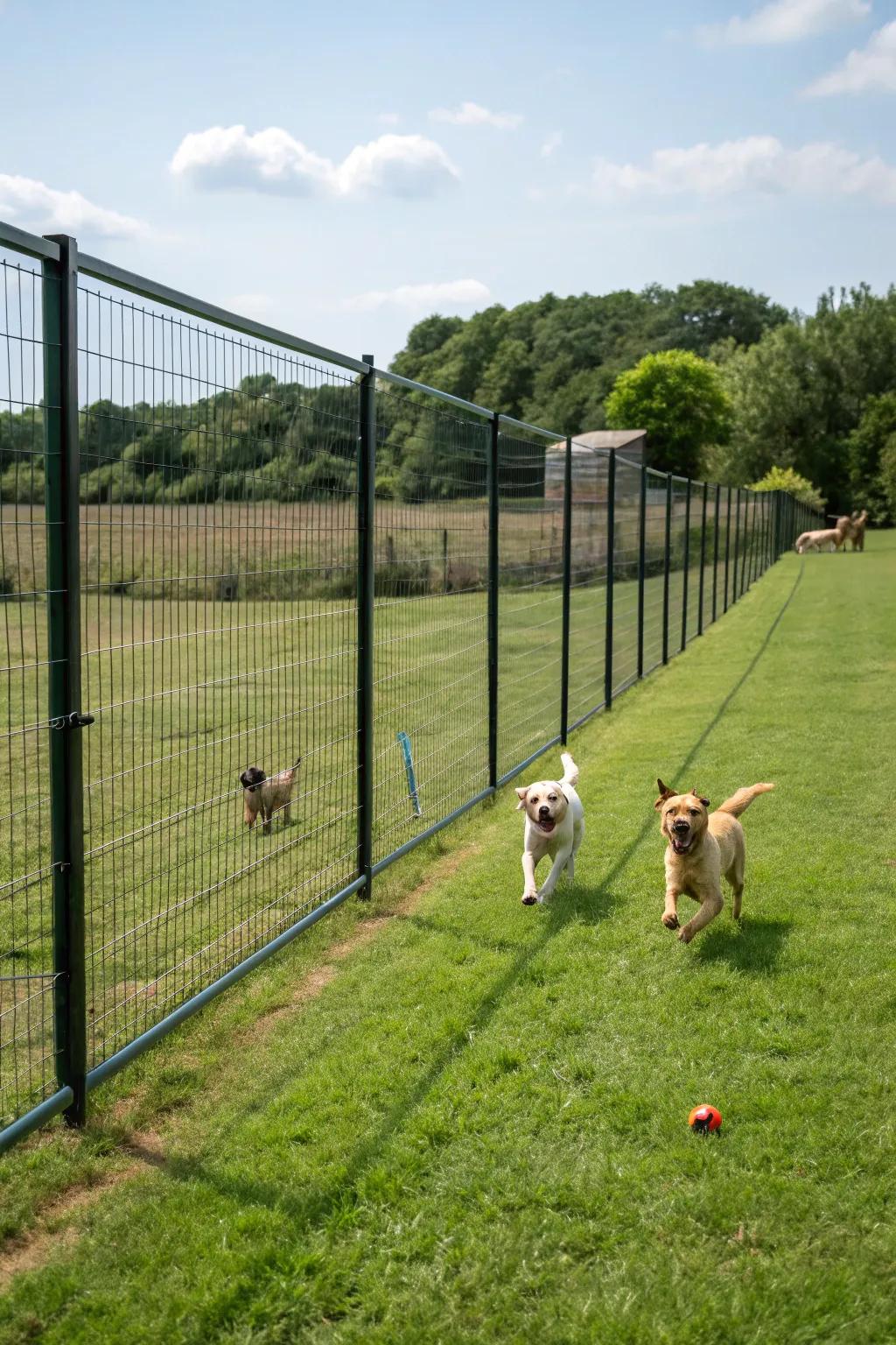 A playful pet area enclosed by a lush grass fence.