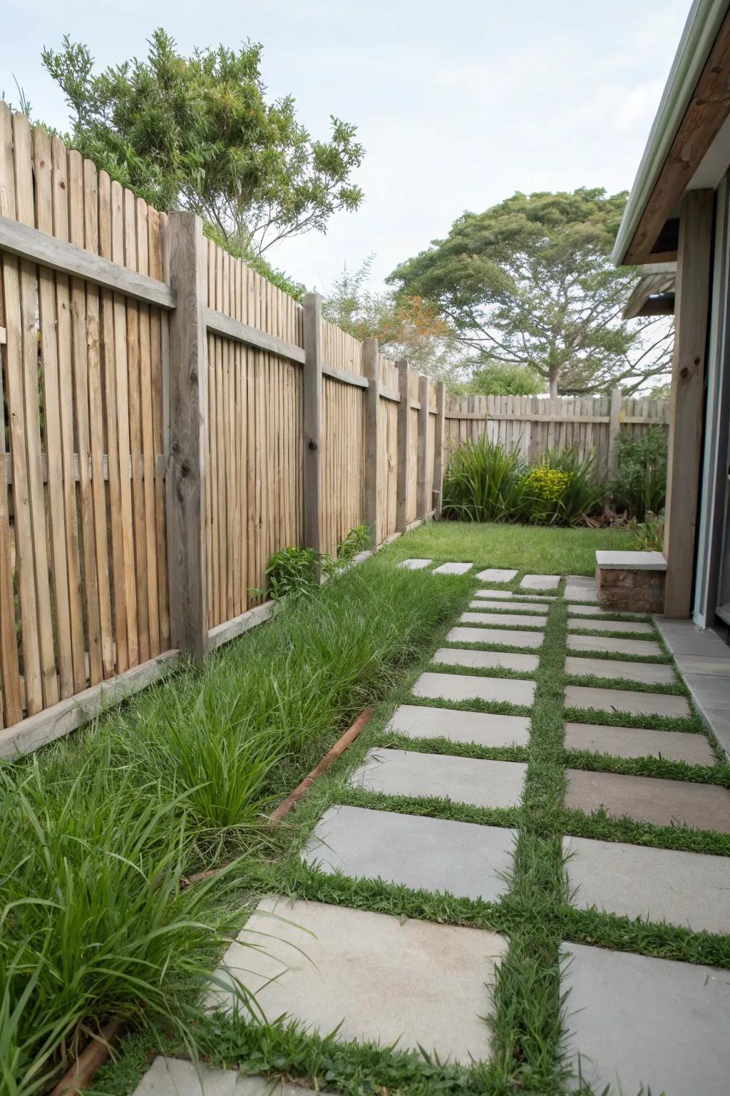 A modern fence combining wooden slats and green grass inserts.