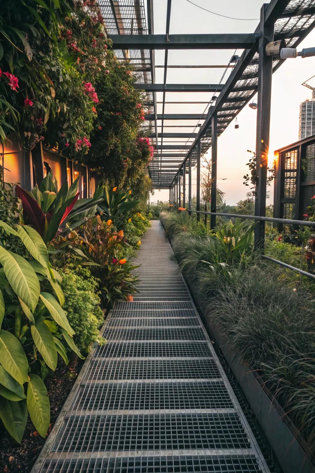 A bold metal grate walkway providing a contemporary edge to the garden.