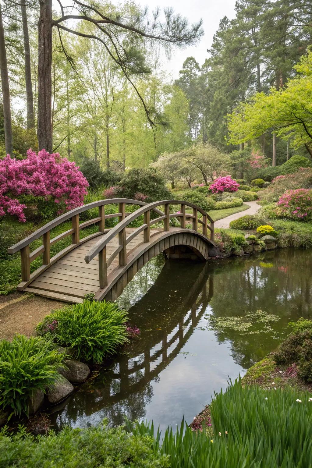 An enchanting garden bridge crossing over a serene pond.