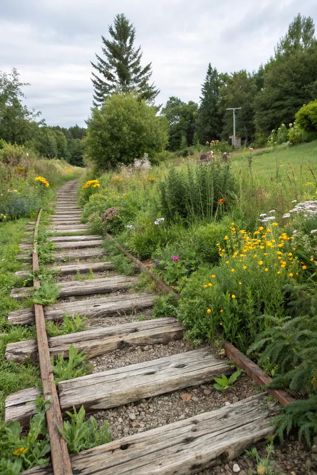 A rustic pathway using railroad ties, adding vintage charm to the garden.