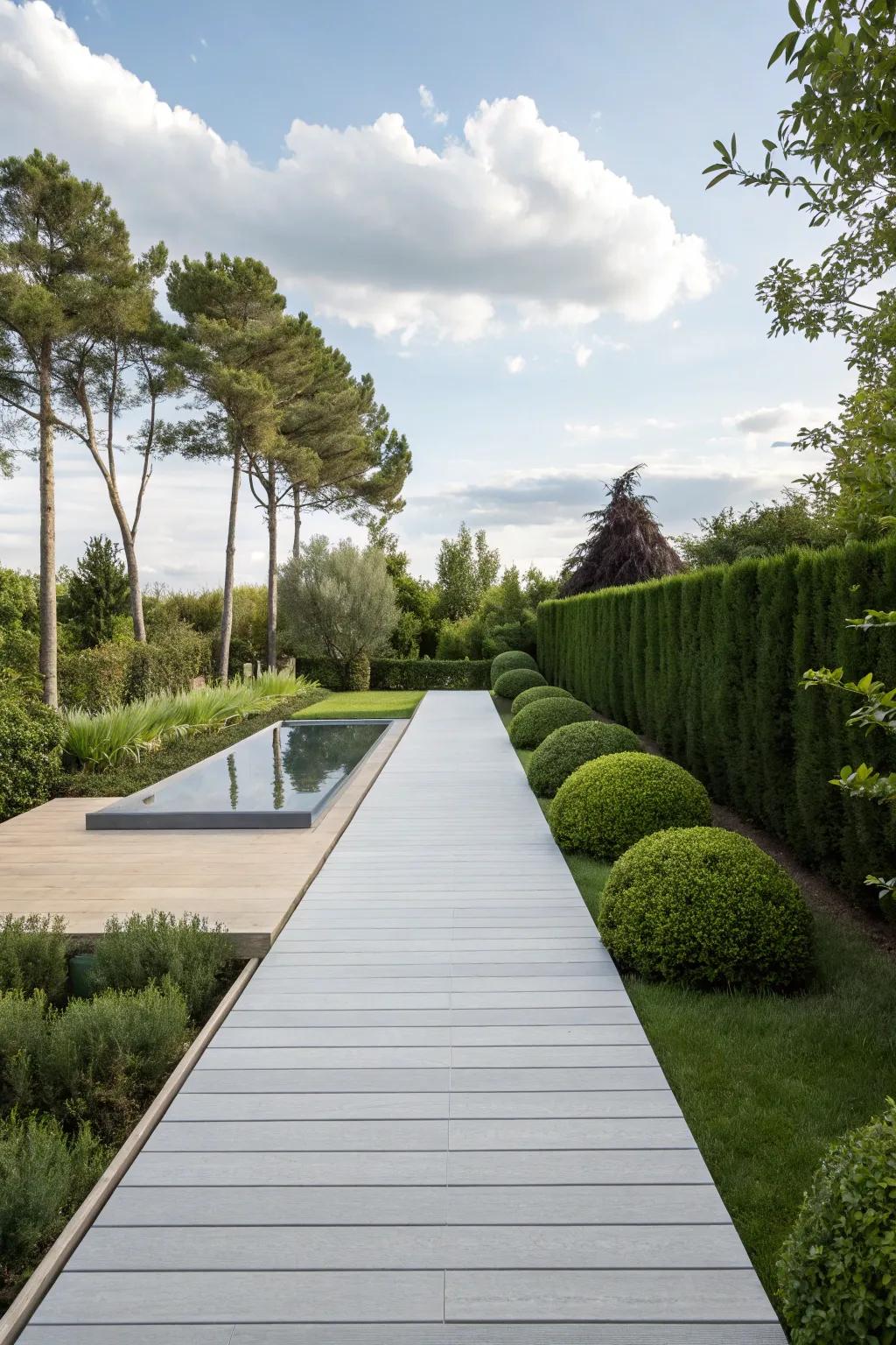A sleek floating deck walkway offering a modern touch to a minimalist garden.