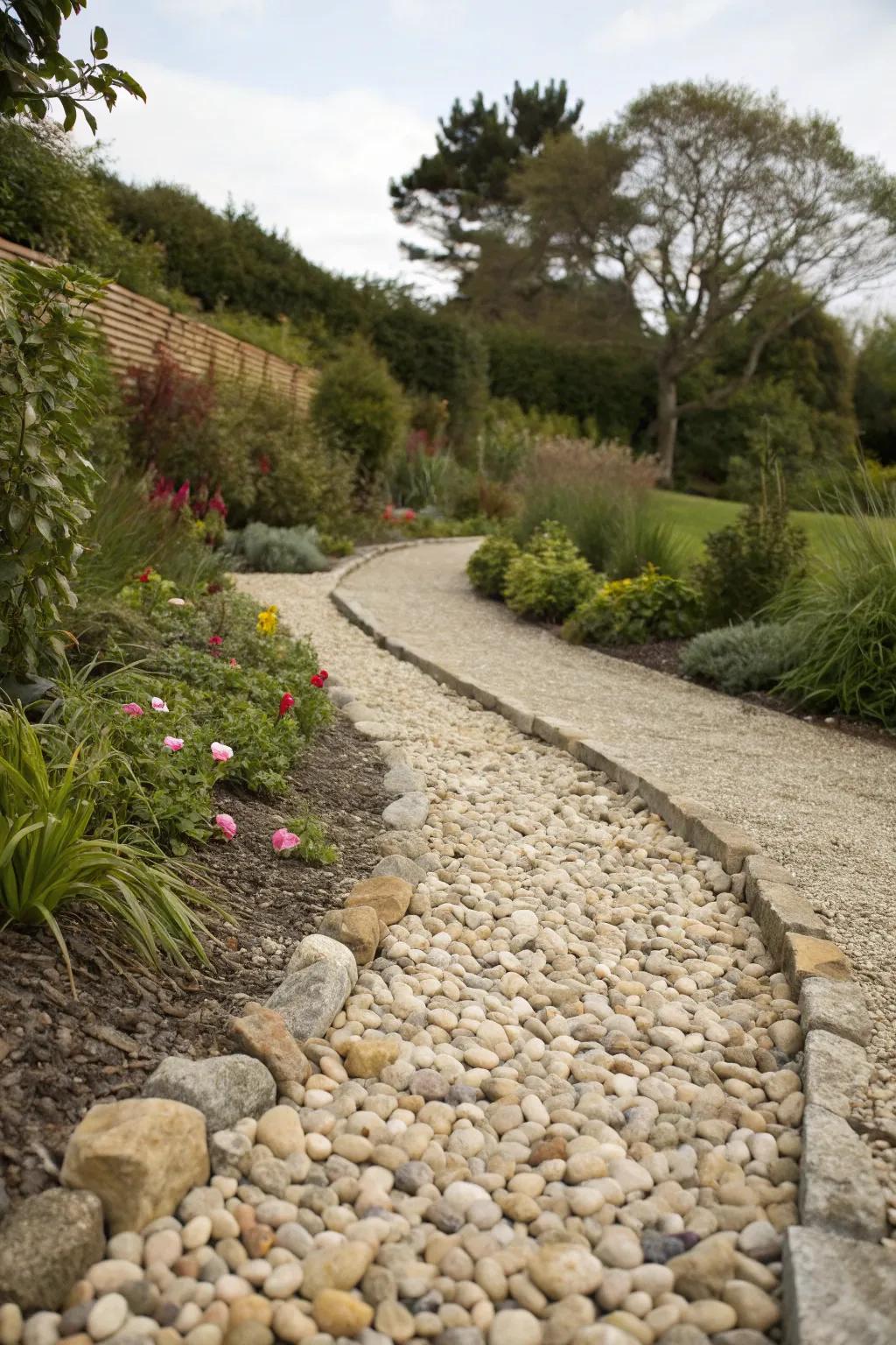A textured pebble pathway providing natural charm and functionality.