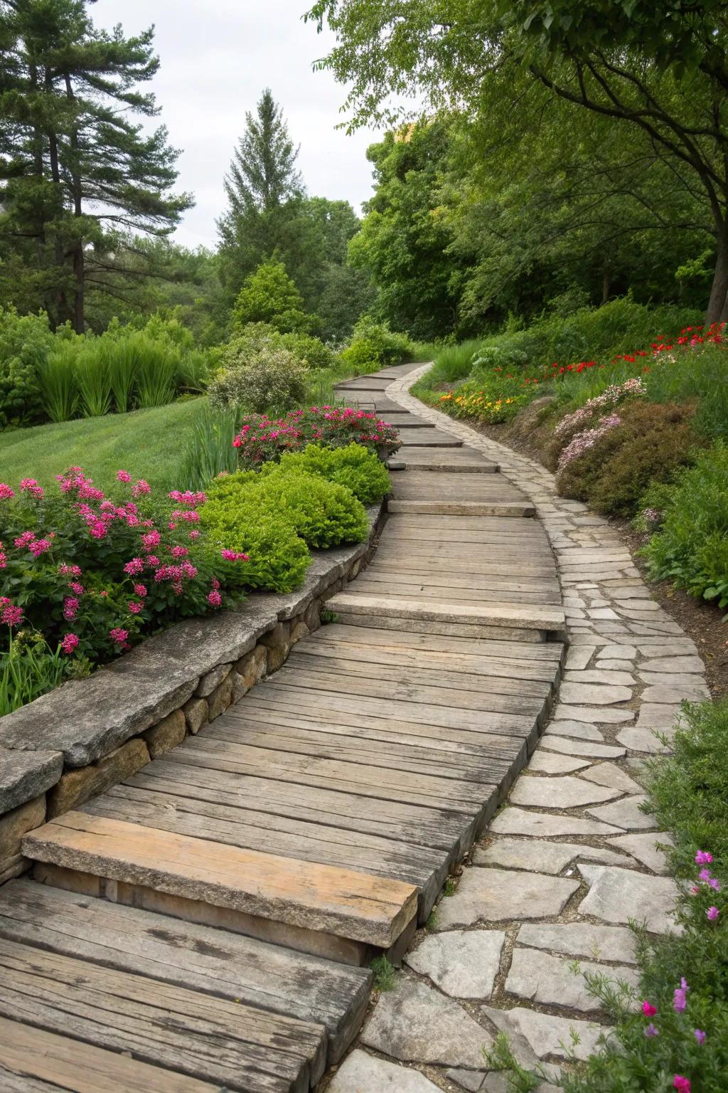 A creative blend of wood and stone materials in a stunning raised walkway.