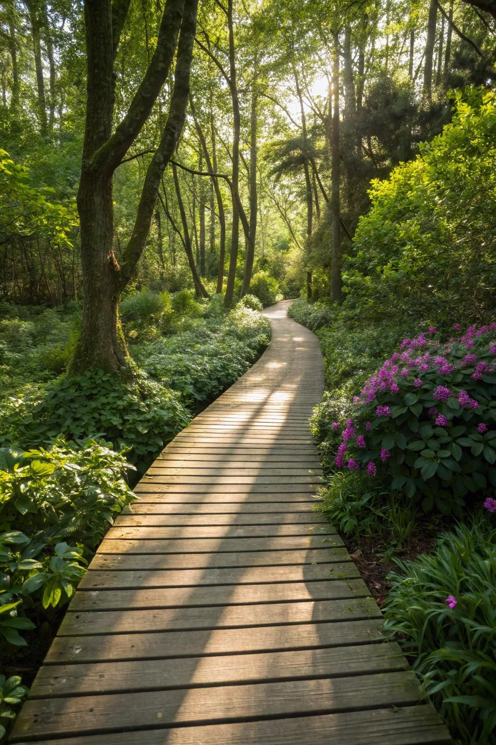 A rustic wooden plank pathway meandering through a lush garden landscape.