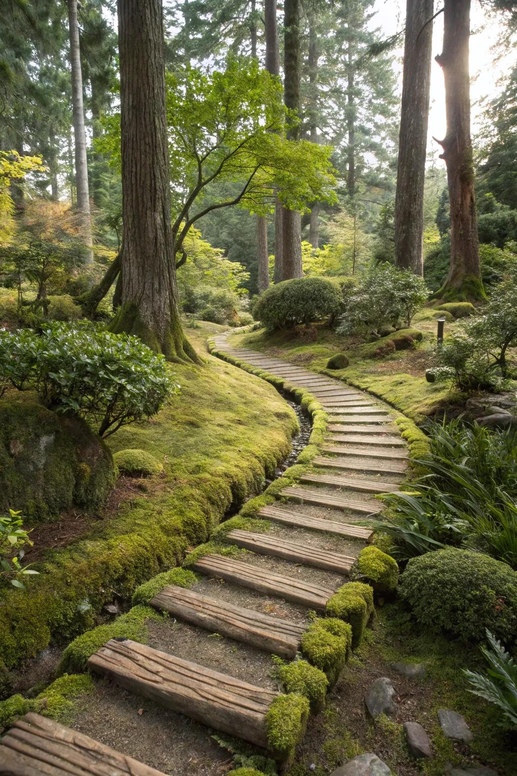 A whimsical log pathway adding rustic charm to a woodland garden.