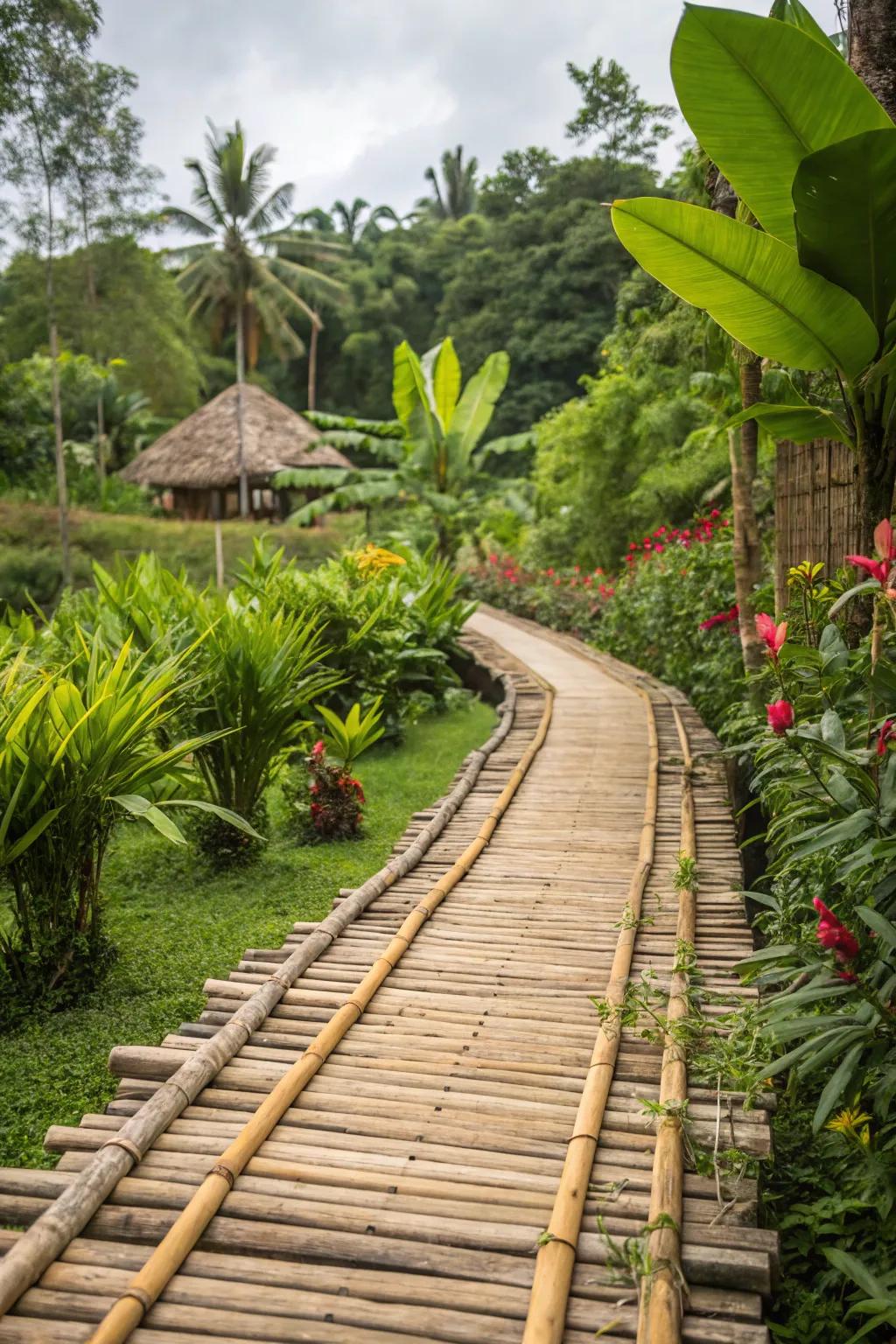 A sustainable bamboo walkway adding exotic flair to the garden.