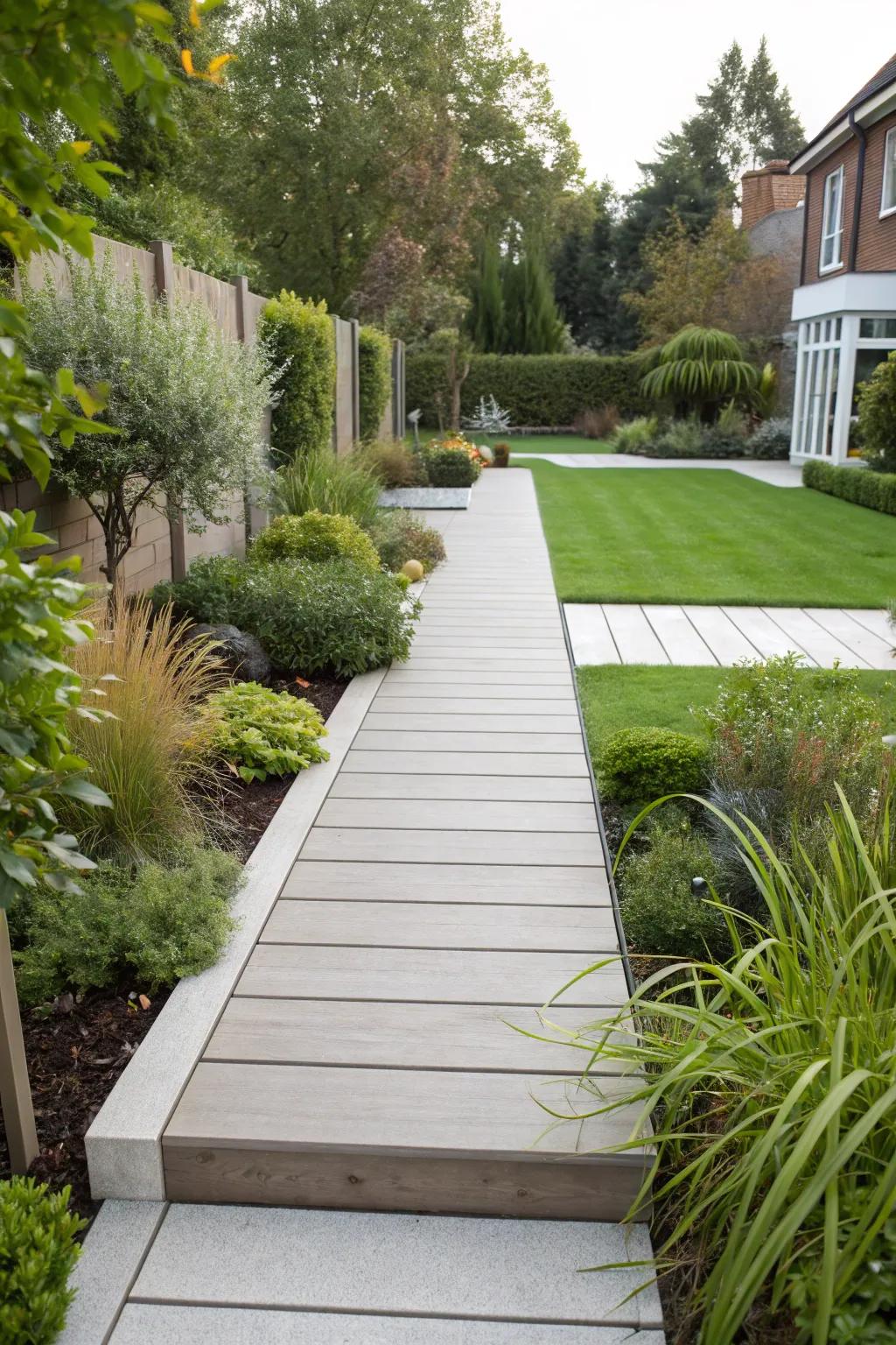 A durable composite decking walkway in a stylish garden setting.