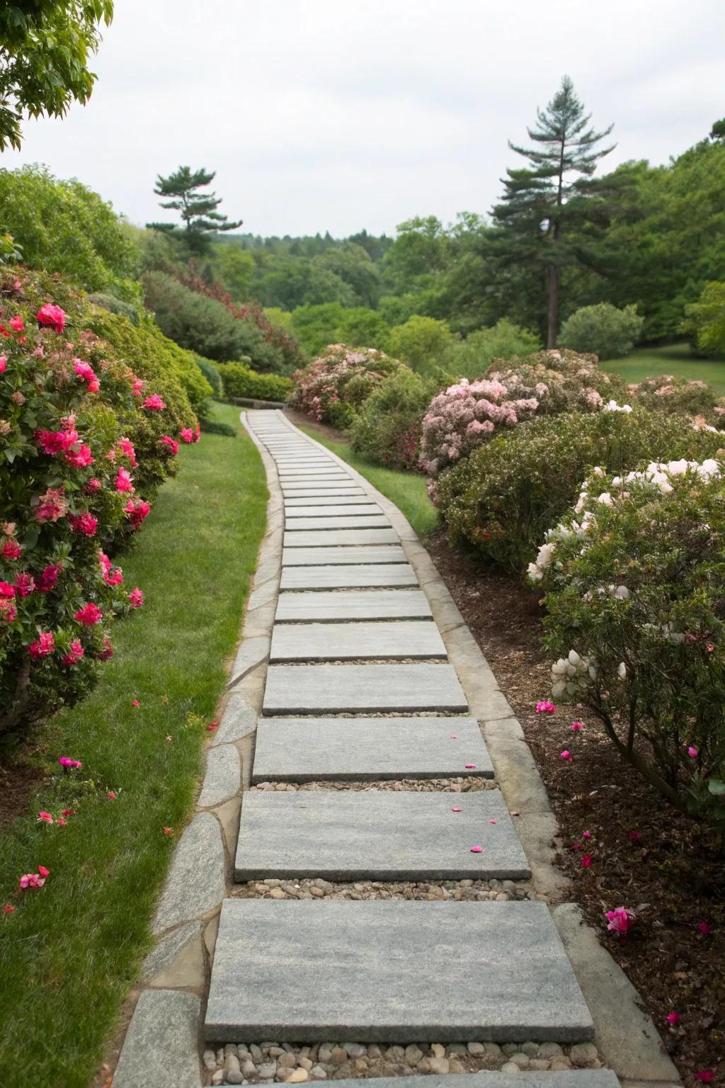 An elegant stone slab walkway framed by vibrant garden blooms.