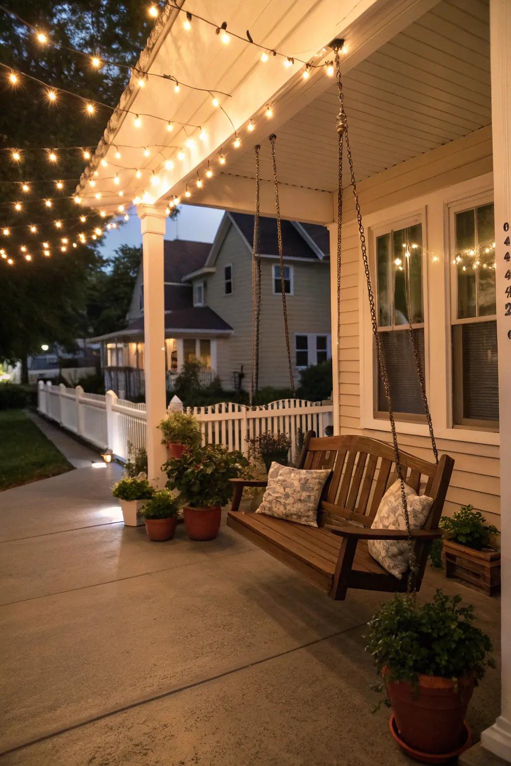Enchanting string lights illuminating the porch.