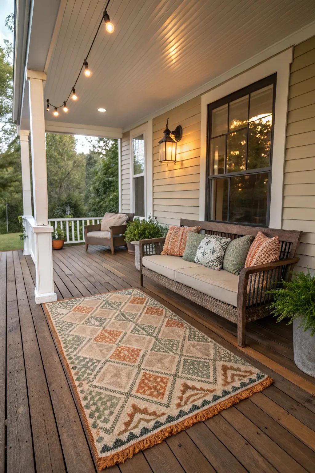 An outdoor rug defining the seating area.
