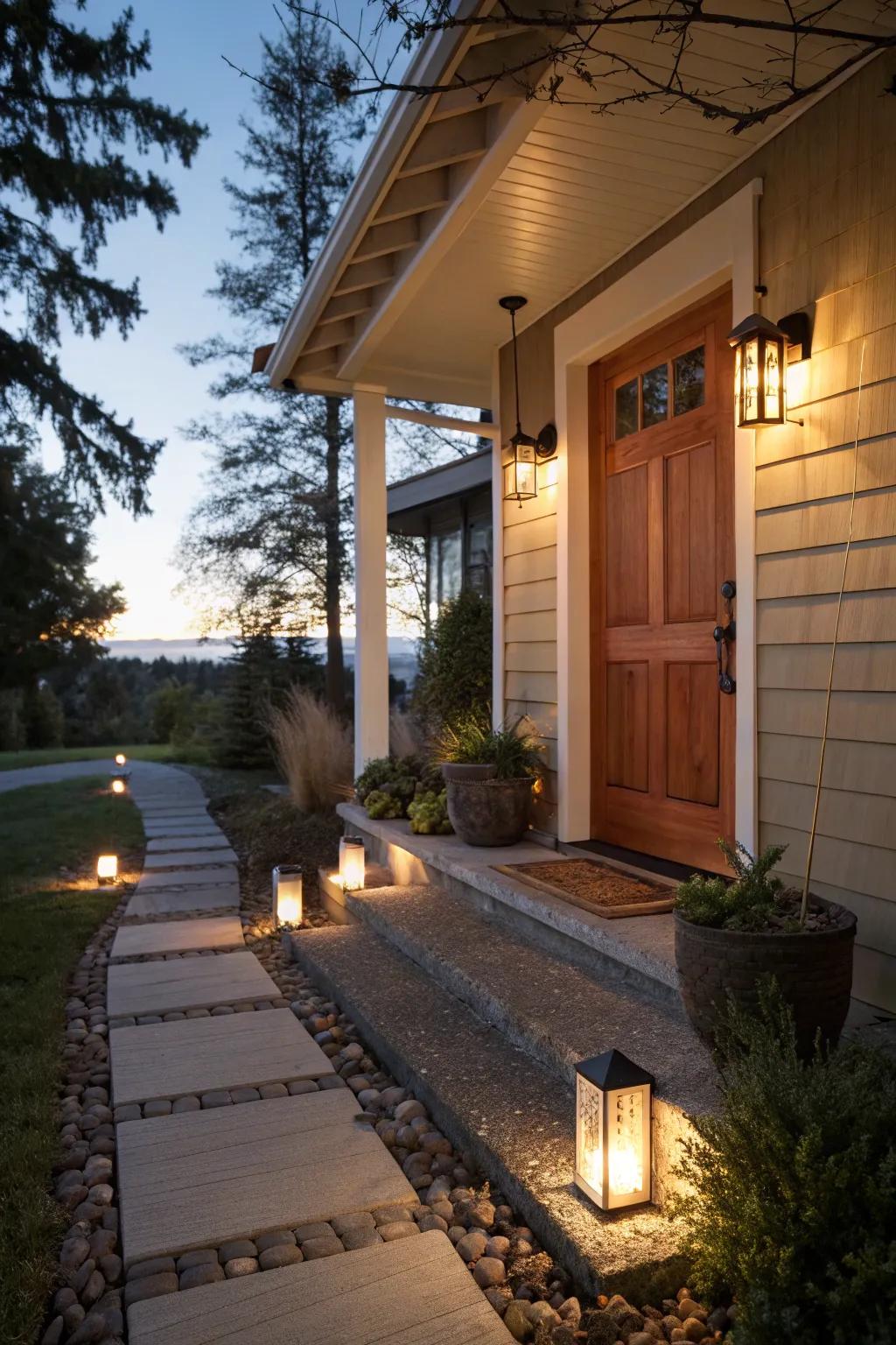 Pathway enhancements guiding guests to the porch.