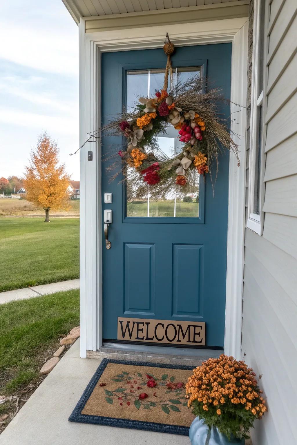 A front door adorned with a seasonal wreath.