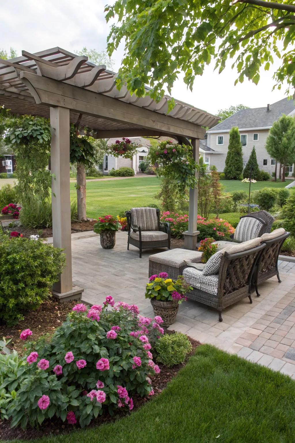 A pergola that creates a versatile outdoor living space.