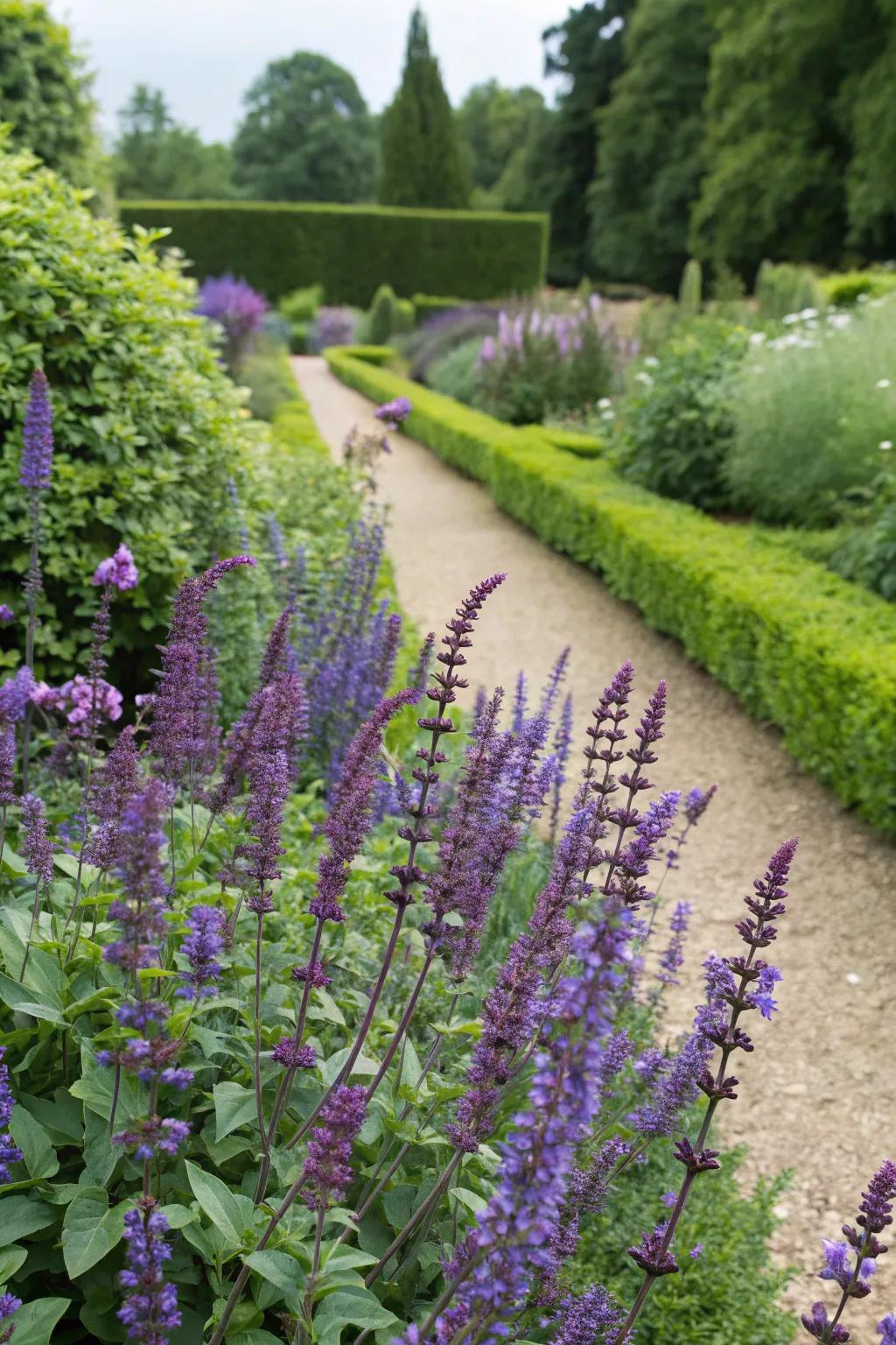 A garden blending salvia with shrubs for year-round interest.