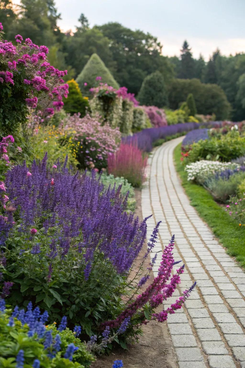A garden path beautifully bordered with colorful salvia, offering a visual treat.