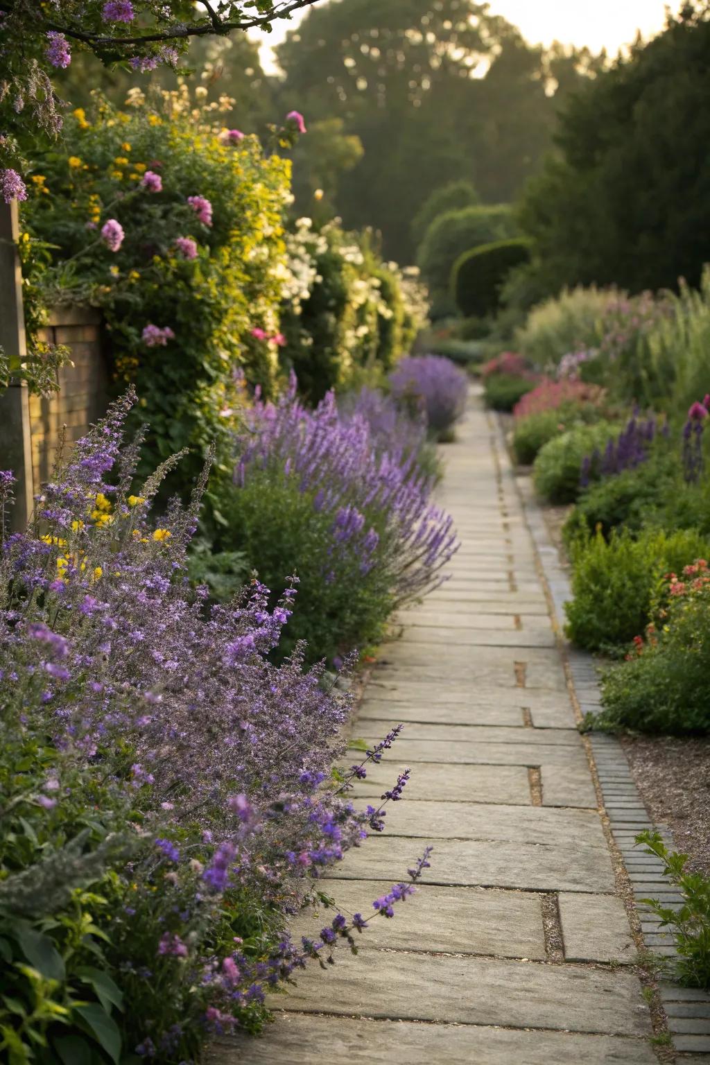 A fragrant stroll along a salvia-lined garden pathway.