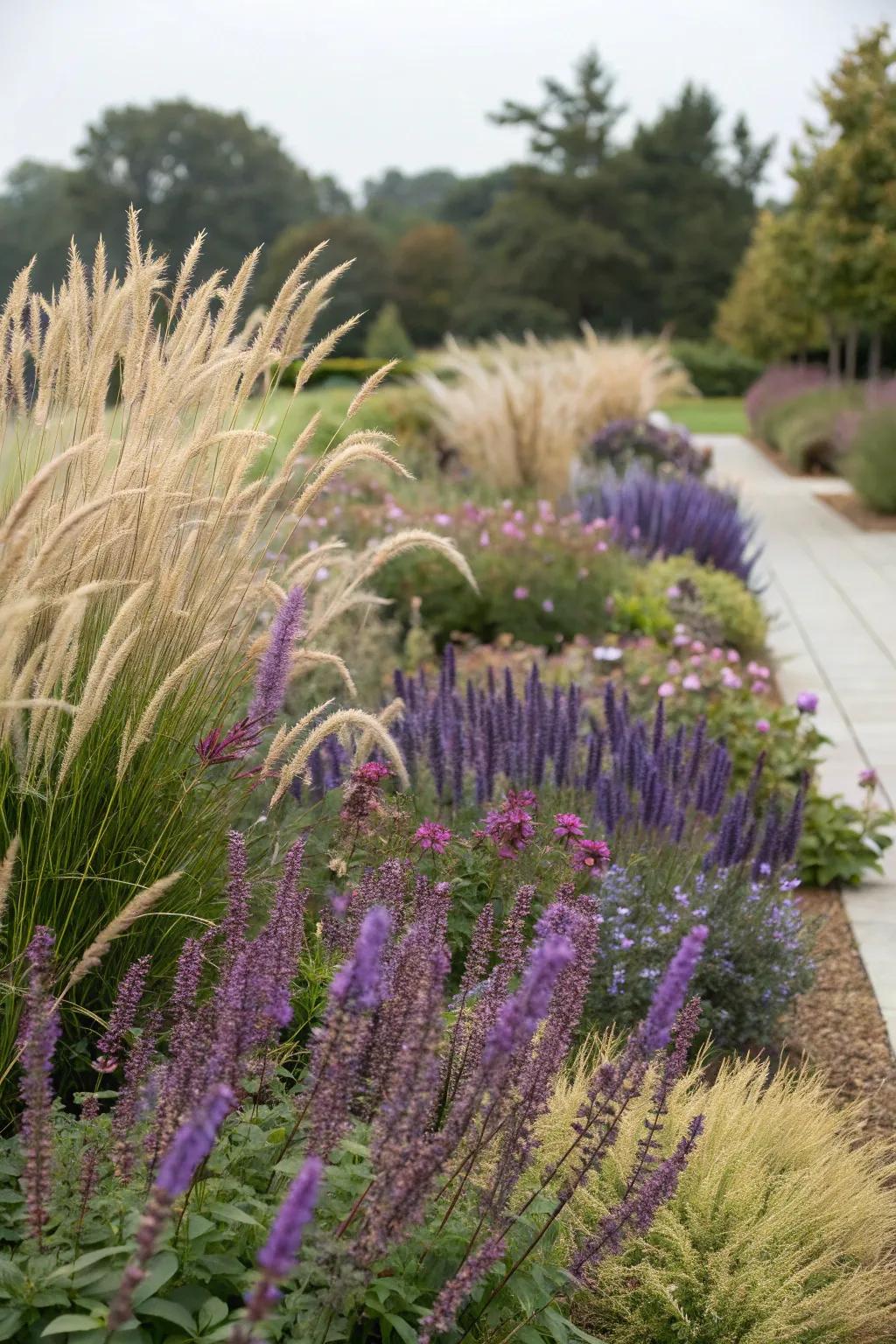 Salvia paired with ornamental grasses, offering a pleasing mix of textures.