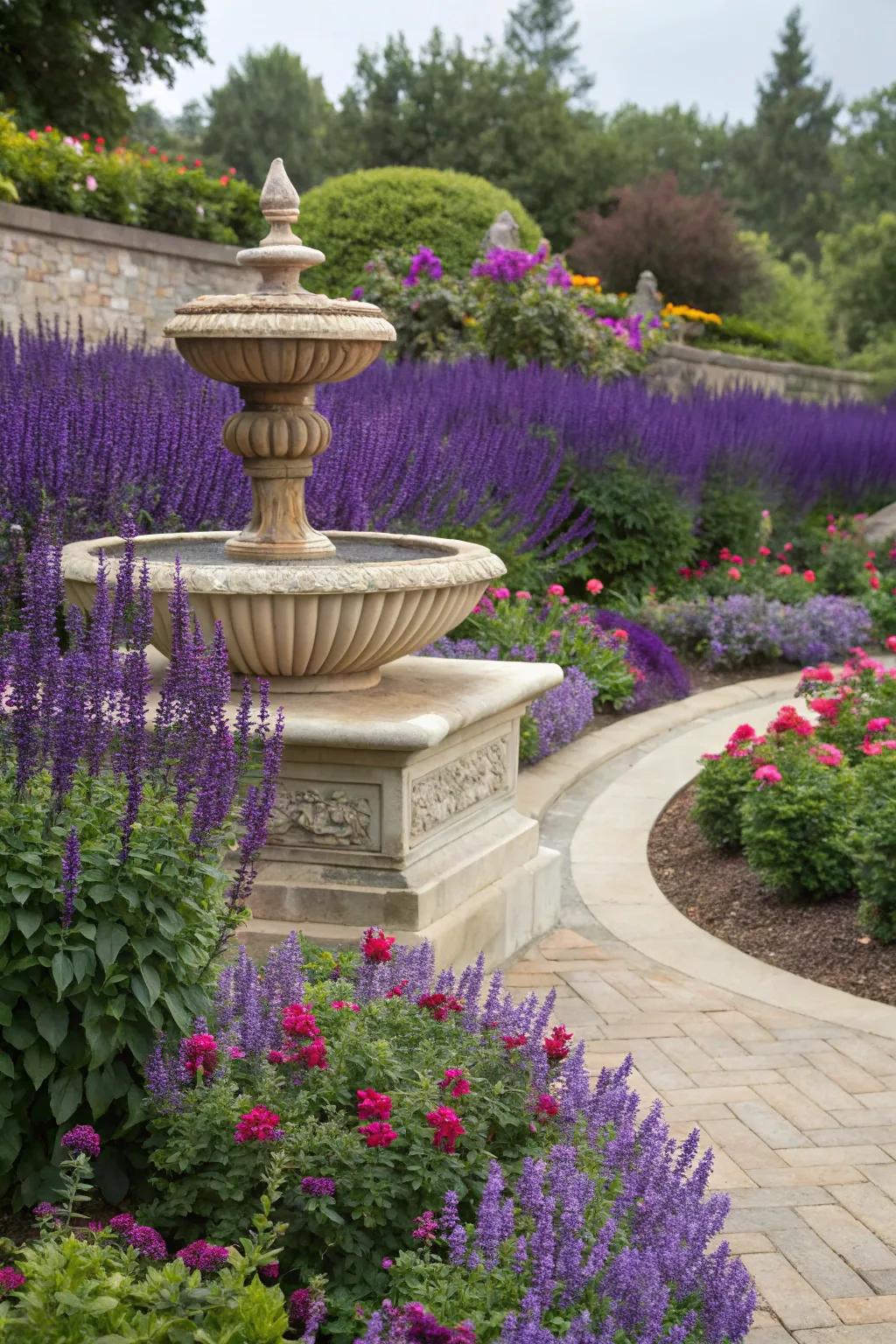 Garden features pop against a striking salvia backdrop.