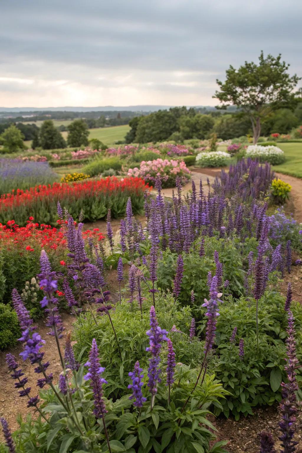 Seasonal salvia blooms providing continuous color.