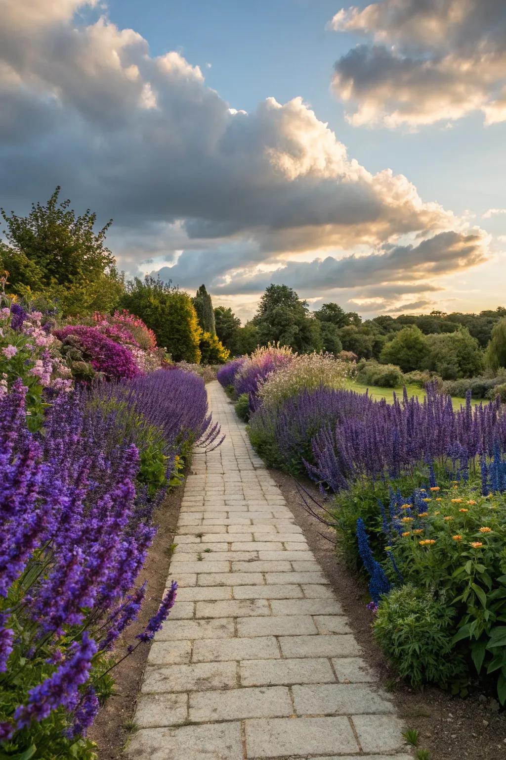 A garden path accented with colorful salvia, enhancing its charm.