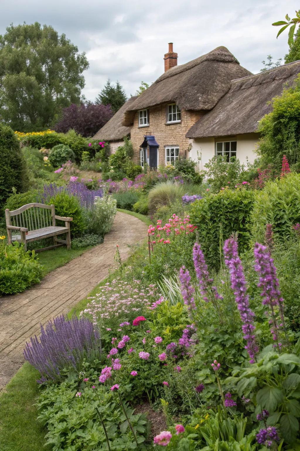 A charming cottage garden blending salvia with various perennials.