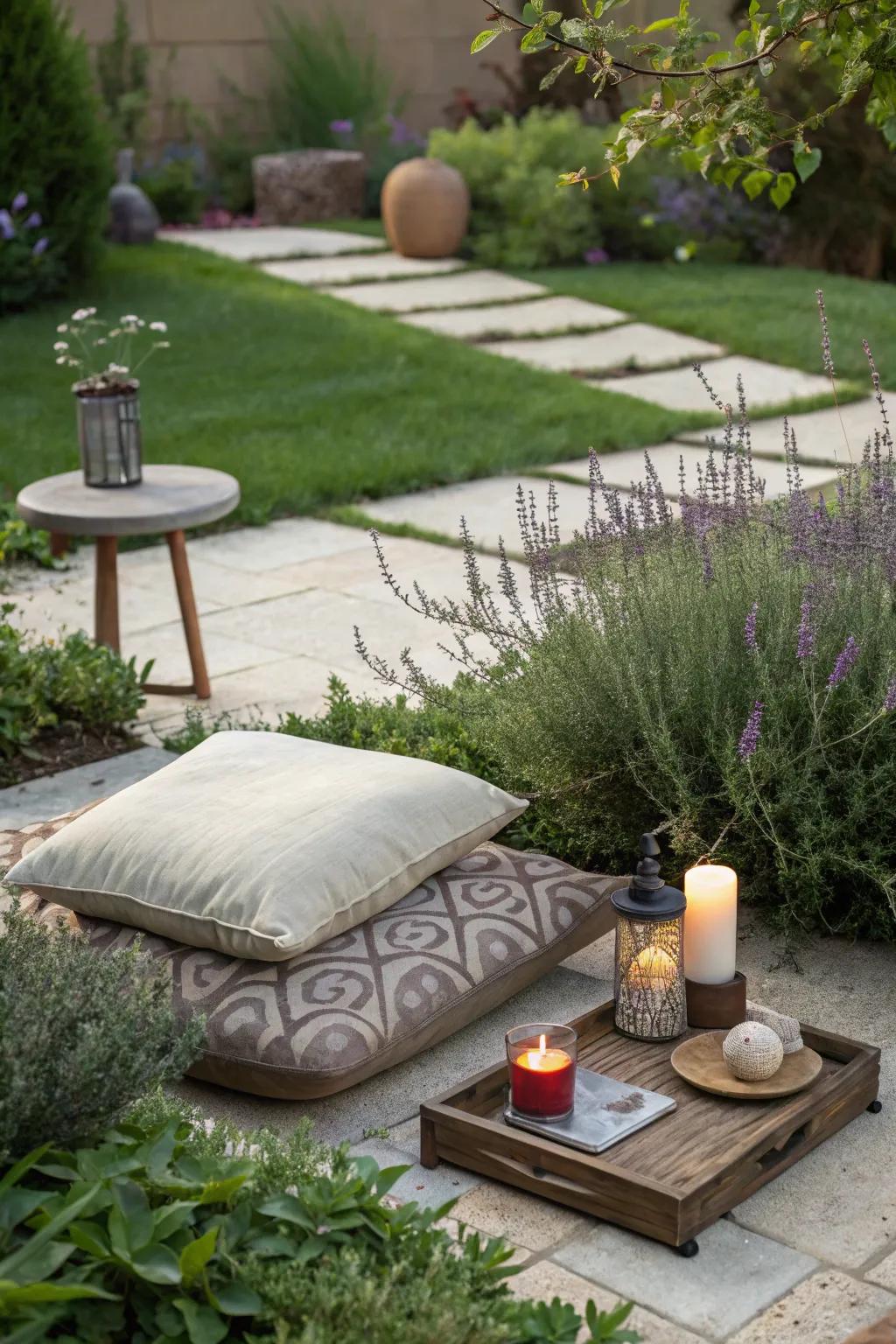 A peaceful meditation corner surrounded by soothing salvia.