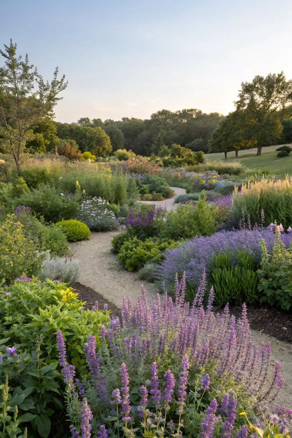 A harmonious naturalistic garden blending salvia with native plants.