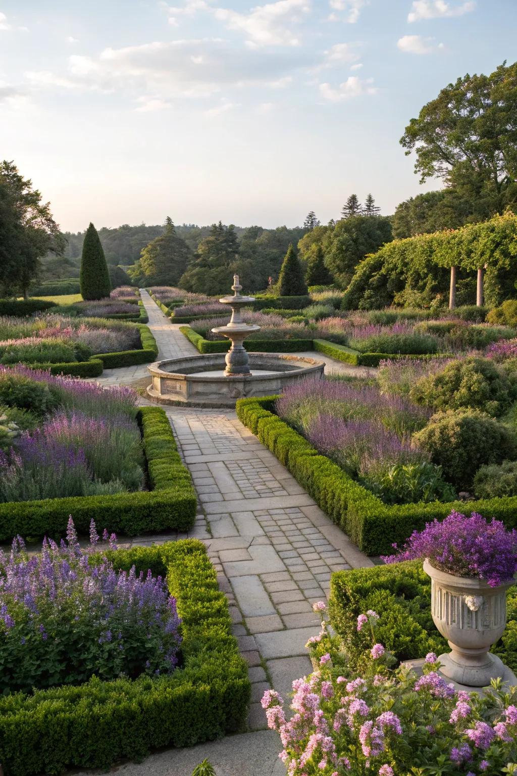 A formal garden featuring salvia in structured beds for a refined look.