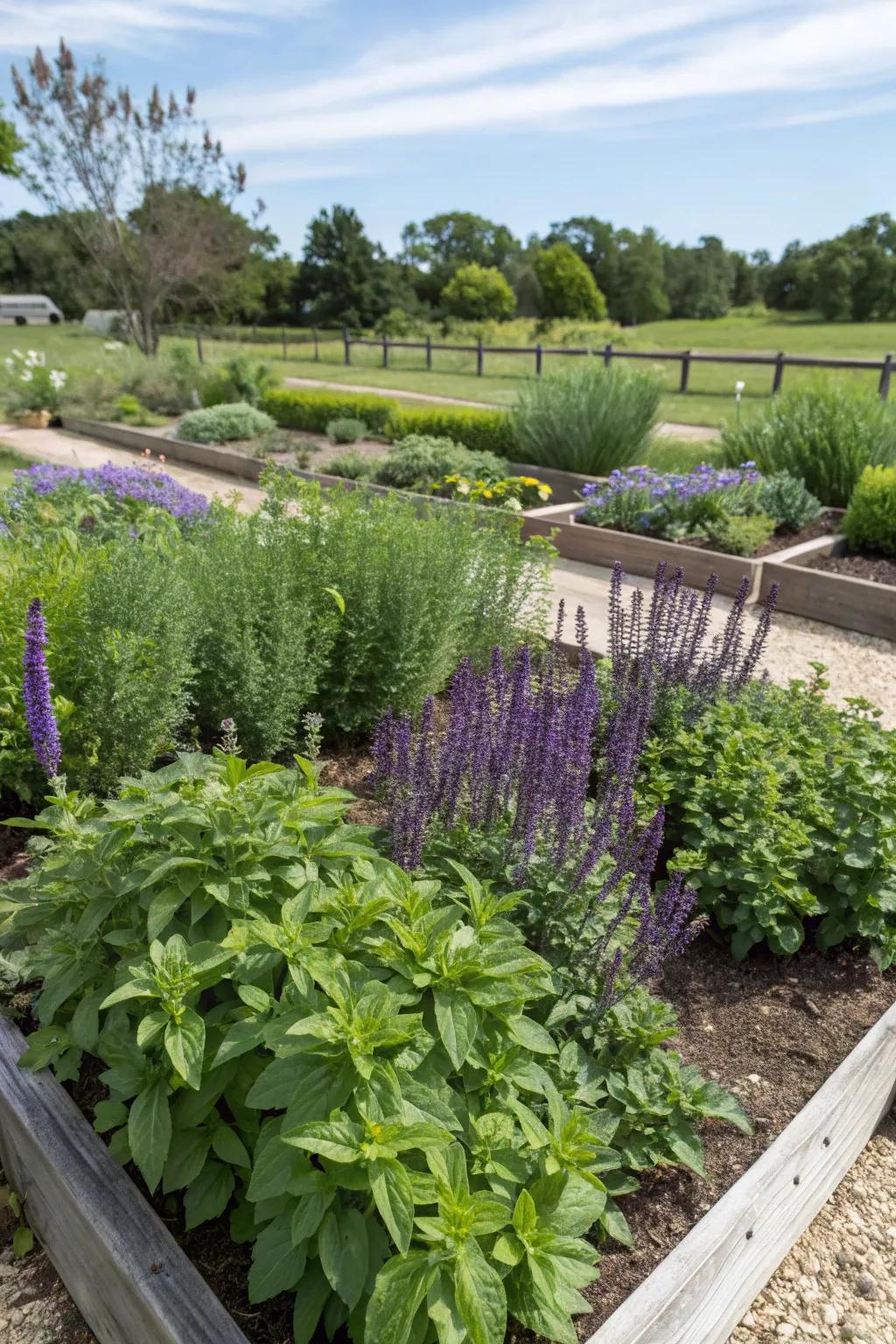 A fragrant and functional garden bed mixing salvia with herbs.