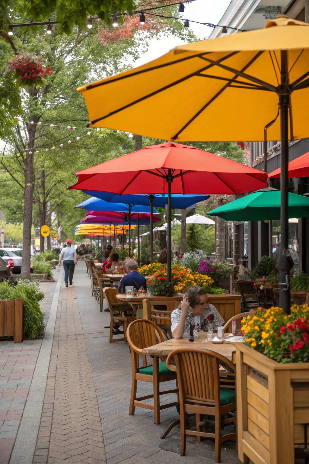 Patio umbrellas add both shade and a splash of color.