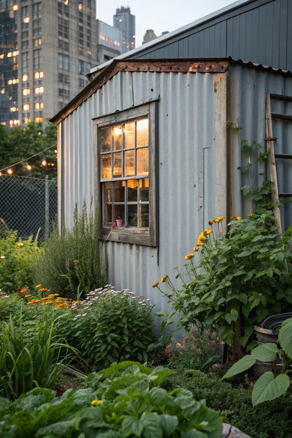 Metal trim gives this shed window an industrial chic appearance.