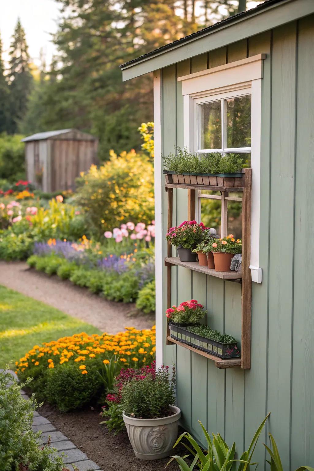 Floating shelves add both functionality and charm to this shed window.
