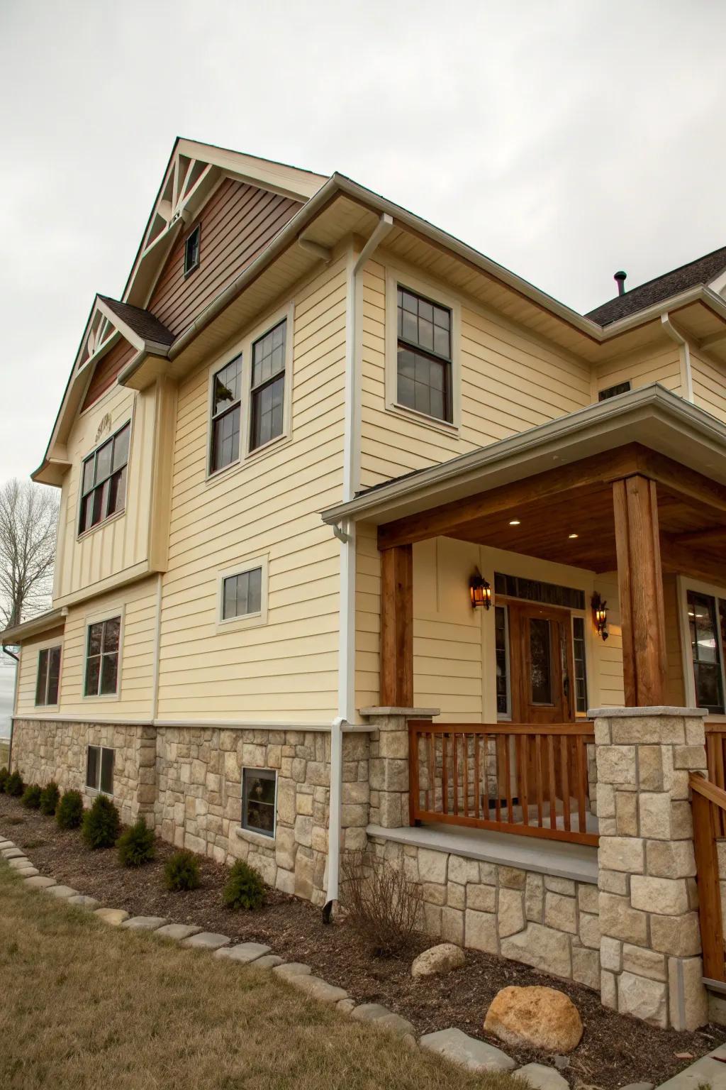 Warm cream siding pairs beautifully with natural accents.