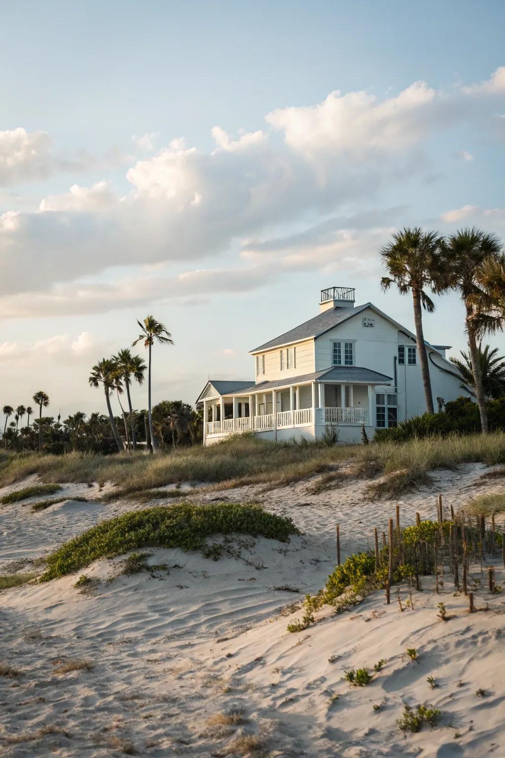 An all-white facade creates a fresh, beachy feel.