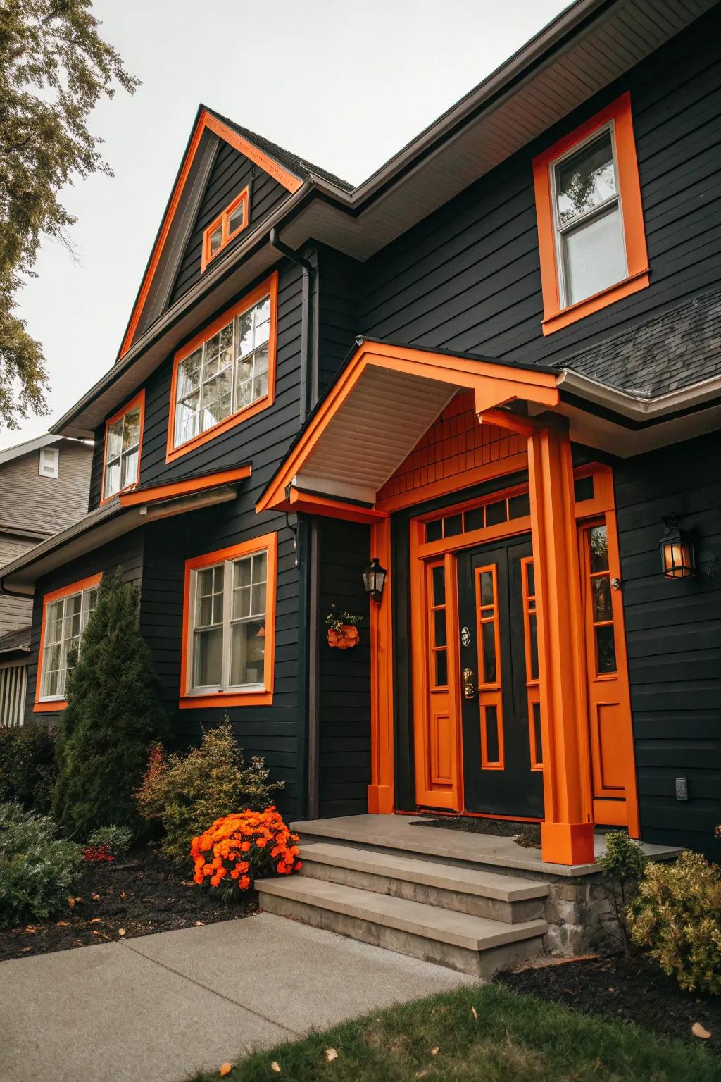 Orange accents boldly contrast with dark siding.