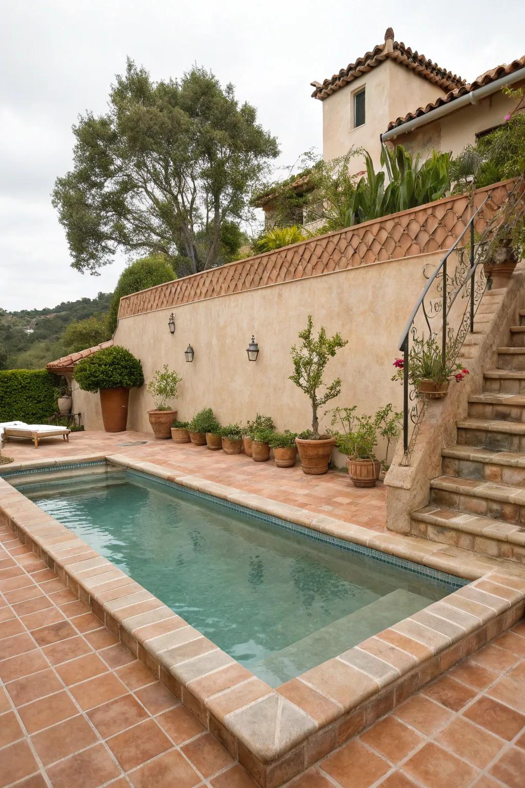 Stucco and terracotta bring a touch of the Mediterranean to your backyard.