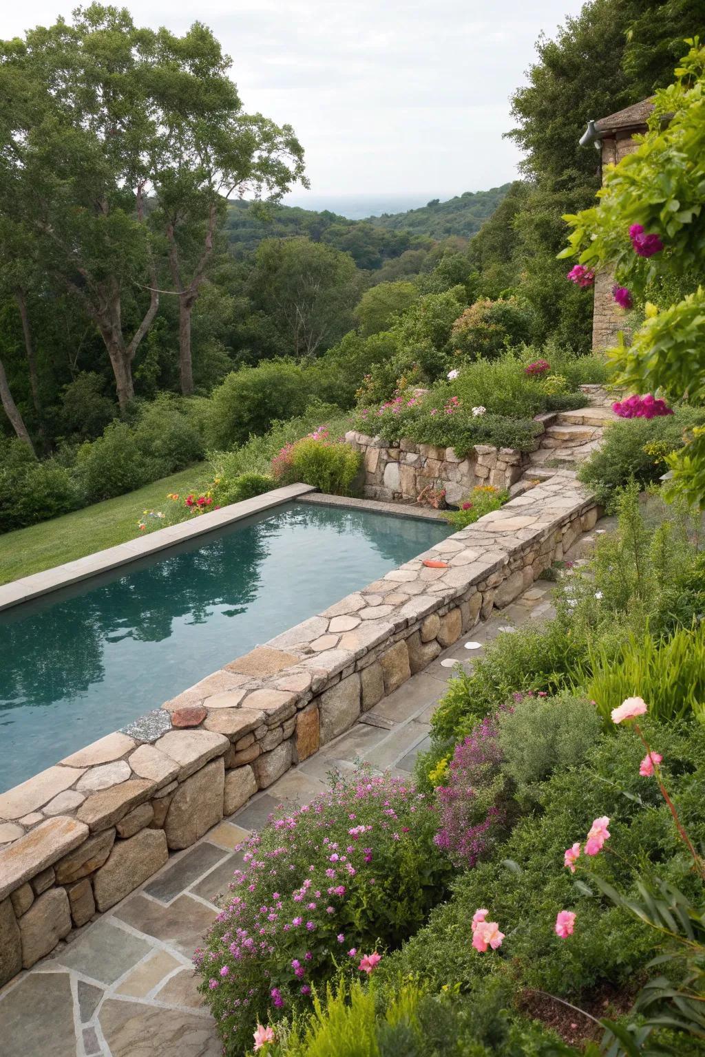 A natural stone retaining wall adds rustic charm to any backyard pool.