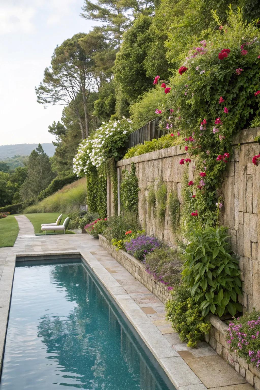 A vertical garden wall offers vibrant, natural beauty by the pool.